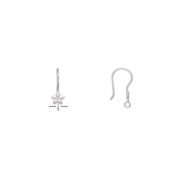 Ear wire, silver-plated stainless steel, 21mm fishhook with flower and open loop, 21 gauge. Sold per pkg of 5 pairs. image number 0