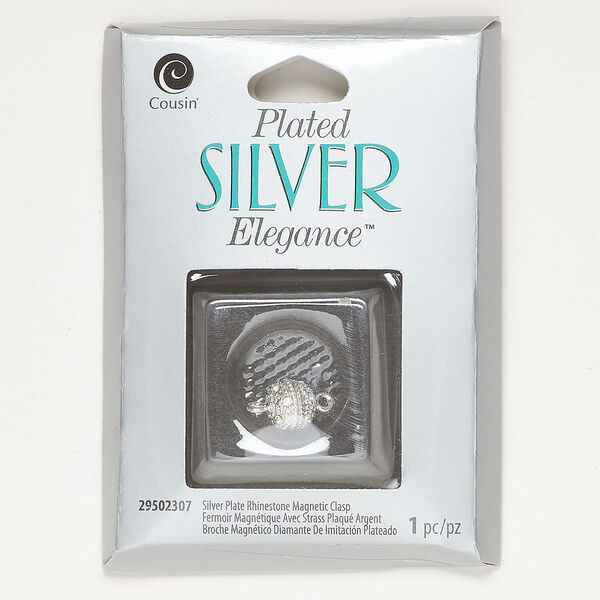 Clasp magnetic 1pkg1, 9mm round, silver-finished copper / clear glass image number 0