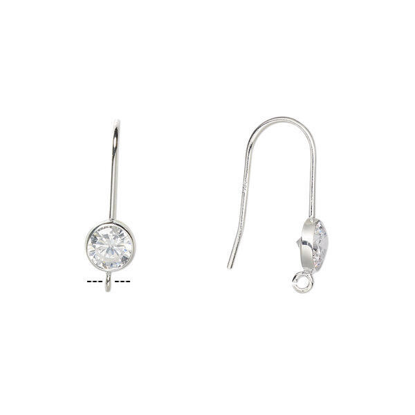 Ear wire, sterling silver and cubic zirconia, clear, 17mm fishhook with 5mm faceted round and bottom open loop, 21 gauge. Sold per pair. image number 0