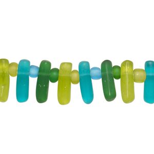 Bead, glass, transparent matte teal blue / teal green / lime green, 12x3mm-13x4mm top-drilled stick. Sold per 15-1/2 to 16" strand.