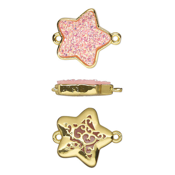 Link, Druzylite™, "druzy" (resin) and gold-finished brass, pink, 15x14mm two-sided star with open filigree back. Sold per pkg of 4. image number 0