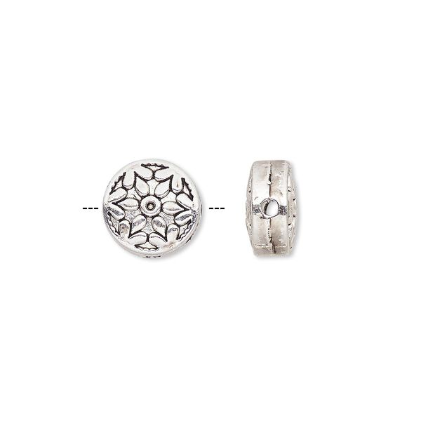 Bead, antique silver-finished "pewter" (zinc-based alloy), 10mm double-sided flat round with snowflake design. Sold per pkg of 10. image number 0