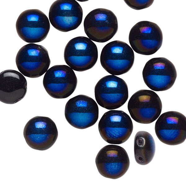 Bead, Preciosa Candy™, Czech pressed glass, opaque black with half-coat iris spinel blue, 8mm candy with (2) 0.8-0.9mm holes. Sold per pkg of 20. image number 0