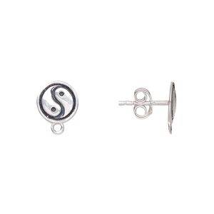 Earstud 1pkg2 sterling silver, 9mm round / closed loop / earnuts, antiqued 1 pair