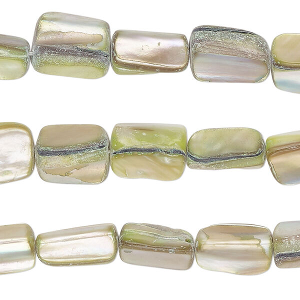 Bead, mother-of-pearl shell (dyed), yellow-green, medium to large chip and 10x7mm-11x8mm stick, Mohs hardness 3-1/2. Sold per pkg of (3) 15-inch strands. image number 0