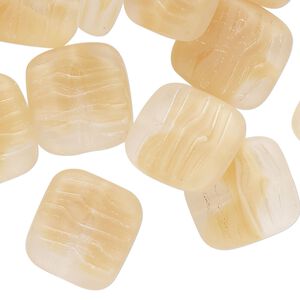 Bead, pressed, frosted glass, translucent peach and white, 15-16mm textured puffed square. Sold per 2-ounce pkg, approximately 20 beads.