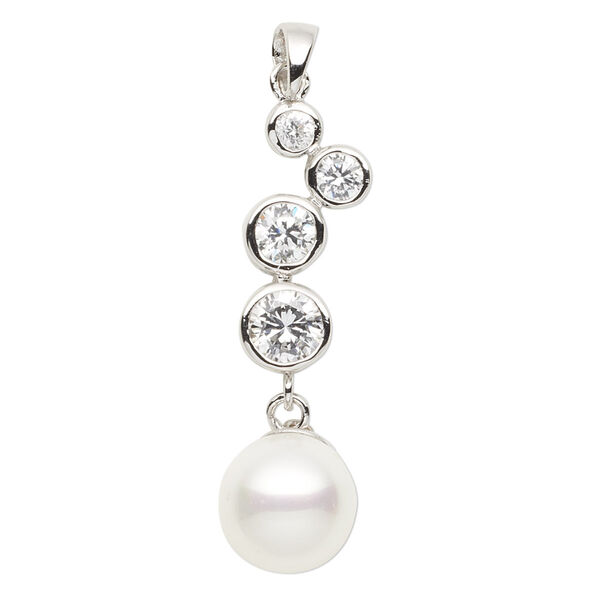 Pendant, glass pearl / cubic zirconia / rhodium-plated brass, white and clear, 36x10mm. Sold individually. image number 0