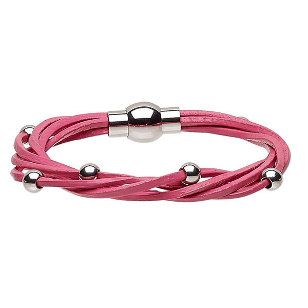 Bracelet, 5-strand, leather (dyed) and stainless steel, pink, 8mm wide twisted with 5mm round, 6-1/2 inches with magnetic clasp. Sold individually. image number 0