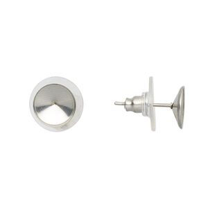 Earstud 1pkg4 Almost Instant Jewelry®, 9mm round / SS39 rivoli glue-in setting / comfort clutch earnuts, stainless steel / acrylic clear 2 pair