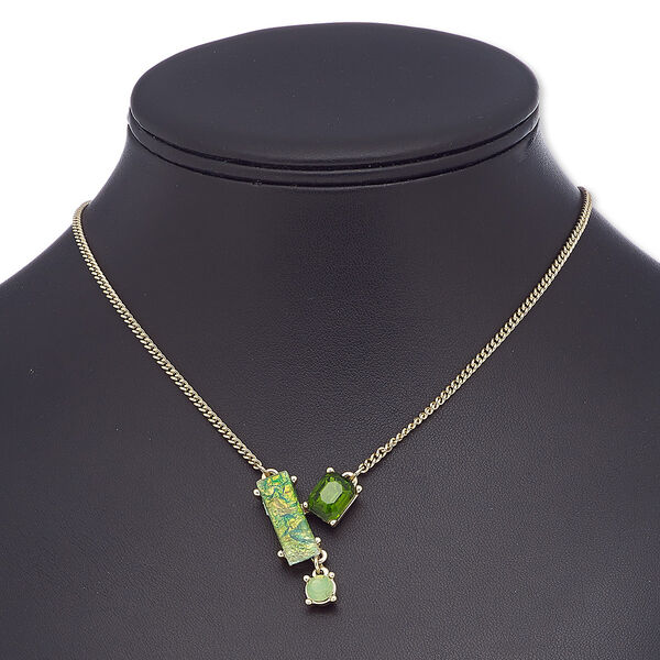 Necklace, glass rhinestone / glass / resin / gold-finished brass / steel, green / light green / opalescent light green, rectangle, 16 inches with 2-inch extender chain and lobster claw clasp. Sold individually. image number 0