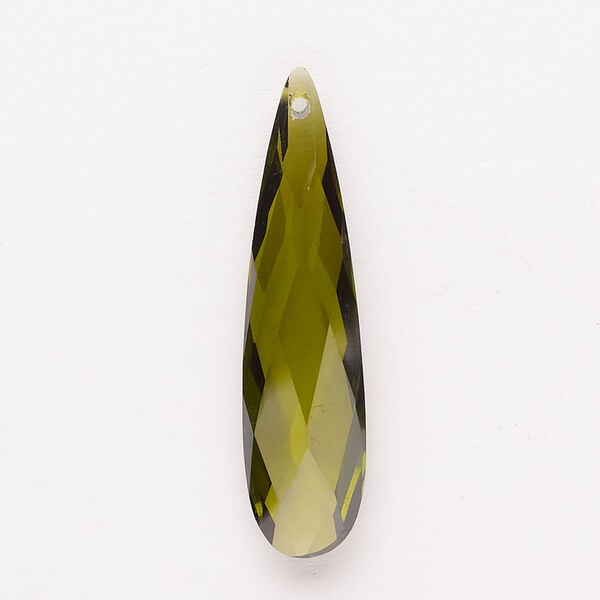 Focal 1pkg1, cubic zirconia, translucent olive green, 36x9mm top-drilled double-sided hand-faceted teardrop. image number 0