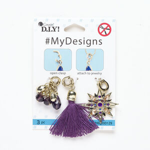 Focal and drop assortment 1pkg3, antique gold-finished brass and steel / glass / acrylic / enamel, 25x23mm teardrop cluster / 32mm star / 1.5 inch tassel, with hinged clasp.