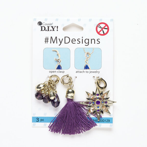 Focal and drop assortment 1pkg3, antique gold-finished brass and steel / glass / acrylic / enamel, 25x23mm teardrop cluster / 32mm star / 1.5 inch tassel, with hinged clasp. image number 0