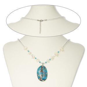 Necklace, mother-of-pearl shell / magnesite (bleached / dyed / stabilized) / glass / silver-finished brass / steel, blue / white / clear, 49x32mm oval, 20 inches with 2-inch extender chain and lobster claw clasp. Sold individually.