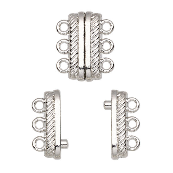 Clasp, 3-strand magnetic, silver-finished "pewter" (zinc-based alloy), 18x8mm double-sided rectangle with rope design. Sold individually. image number 0