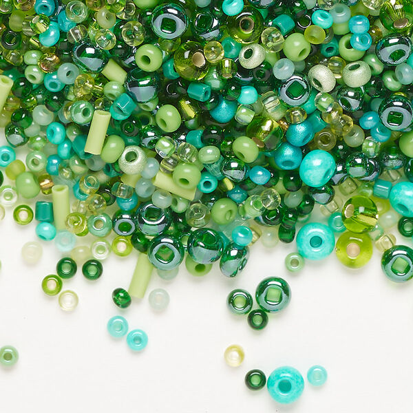 Seed bead mix, Preciosa Czech glass, pkg/50g, 5x2mm round tube, opaque and translucent multi-green. image number 0