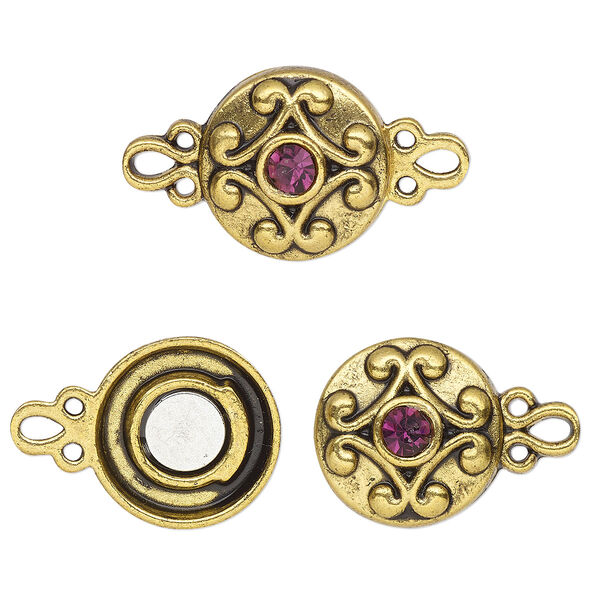 Clasp, magnetic, gold-finished "pewter" (zinc-based alloy) and glass, purple, 12mm double-sided round. Sold per pkg of 2. image number 0