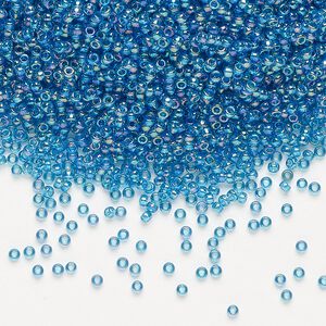 Seed bead, Miyuki, glass, pkg/35g, #15 rocaille, translucent rainbow Capri blue (RR-291).