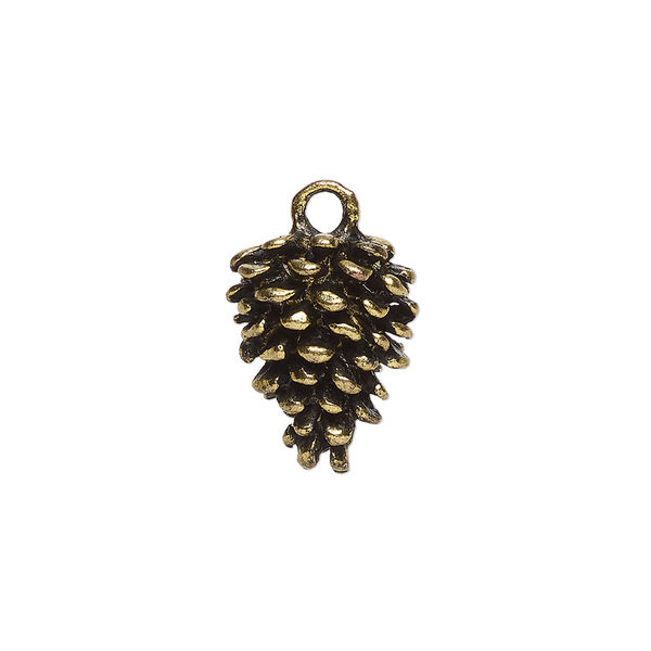 Charm, antique gold-finished "pewter" (zinc-based alloy), 16x12.5mm 3D pinecone. Sold per pkg of 4. image number 0