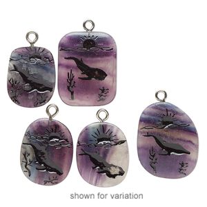 Focal, antique silver-finished steel / purple fluorite (natural) / enamel, black, 26x24mm-34x29mm freeform with whale, Mohs hardness 4. Sold individually.