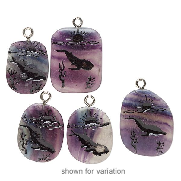 Focal, antique silver-finished steel / purple fluorite (natural) / enamel, black, 26x24mm-34x29mm freeform with whale, Mohs hardness 4. Sold individually. image number 0