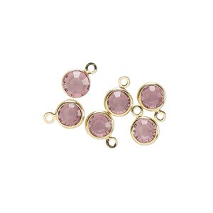 Drop, glass rhinestone and gold-finished brass, light amethyst, 6-6.5mm faceted round. Sold per pkg of 6.