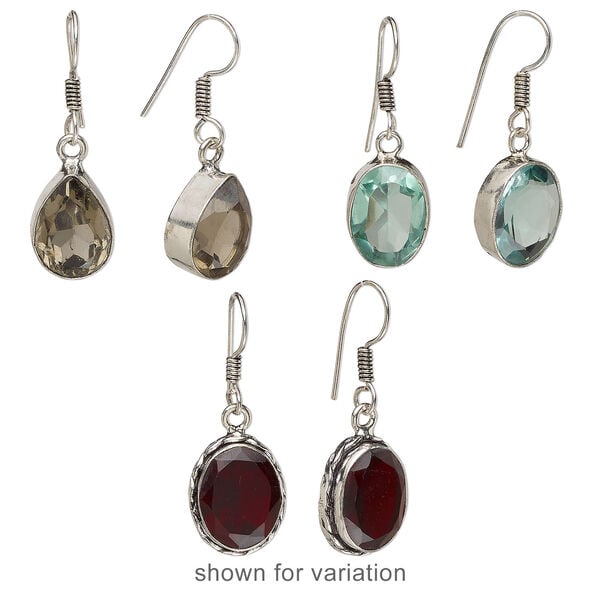 Earring mix 1pkg6, glass with silver- and antique silver-finished brass, mixed colors, 1-1/4 inch to 1-3/4 inch oval and teardrop with fishhook ear wire. 3 pairs. image number 1