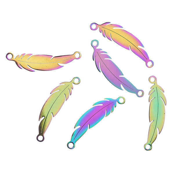 Link, electro-coated stainless steel, rainbow, 24x7mm double-sided feather. Sold per pkg of 6. image number 0