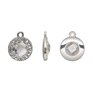 Drop, glass / glass rhinestone / imitation rhodium-finished "pewter" (zinc-based alloy), transparent clear, 15.5mm single-sided round. Sold per pkg of 2.