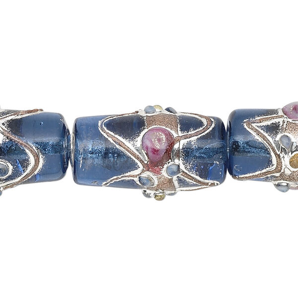 Bead, lampworked glass, transparent blue with silver- and gold-colored foil, 22x11mm round tube. Sold per pkg of 12. image number 0