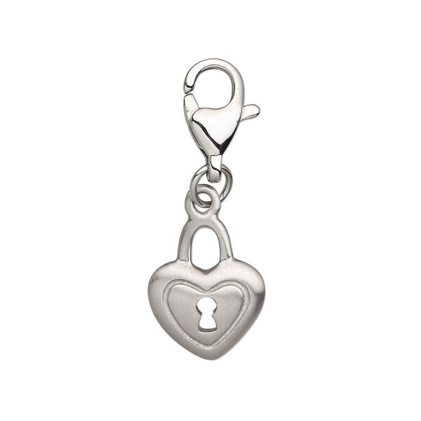 Charm, stainless steel, 15x12mm double-sided matte puffed heart lock with keyhole cutout and lobster claw clasp. Sold individually. image number 0