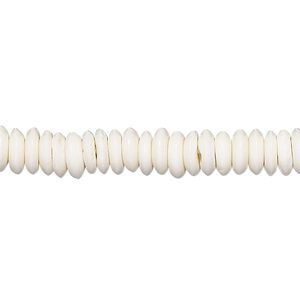 Bead, bone (bleached), white, 7x2mm saucer, Mohs hardness 2-1/2. Sold per 15-1/2" to 16" strand.