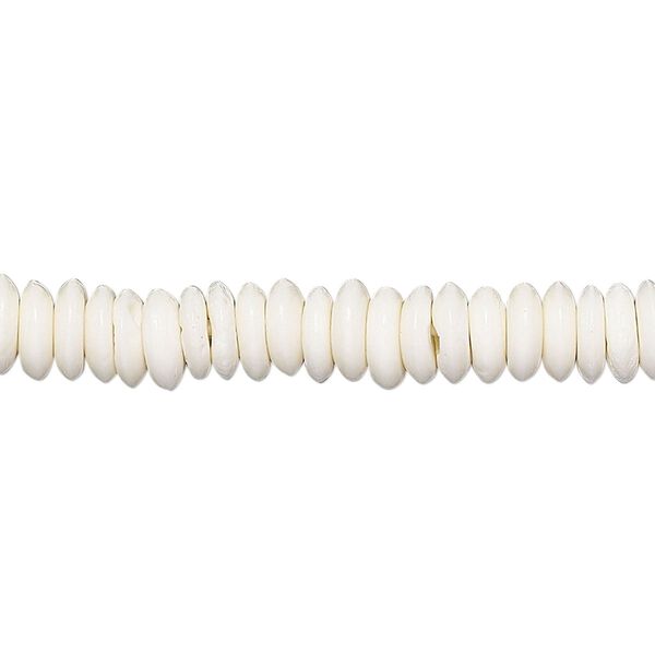 Bead, bone (bleached), white, 7x2mm saucer, Mohs hardness 2-1/2. Sold per 15-1/2" to 16" strand. image number 0