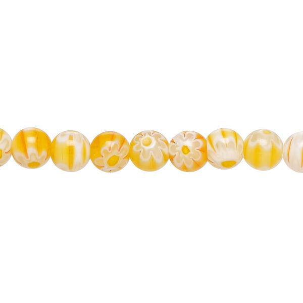 Bead, millefiori glass 1pkg1, translucent orange / yellow / white, 6mm round, 15 inches. image number 0