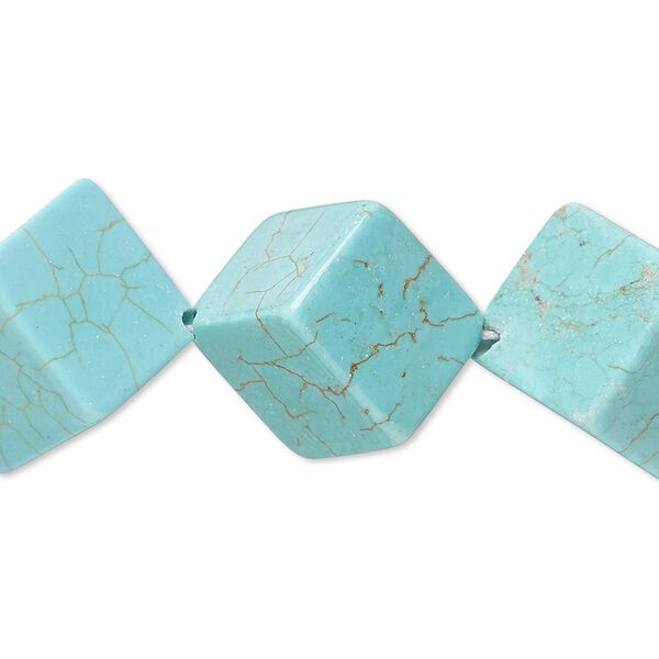 Bead, magnesite (dyed / stabilized), blue-green, 18x8mm-20x20mm diagonally drilled cube, C grade, Mohs hardness 3-1/2 to 4. Sold per 8-inch strand. image number 0