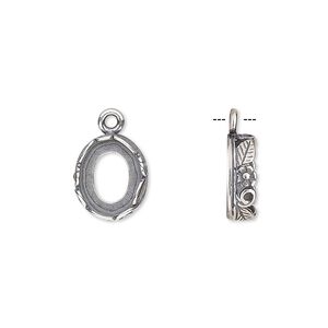 Drop, JBB Findings, antique silver-plated brass, 12x10mm oval with open back and flower and leaf design trim, 10x8mm oval bezel setting. Sold per pkg of 2.