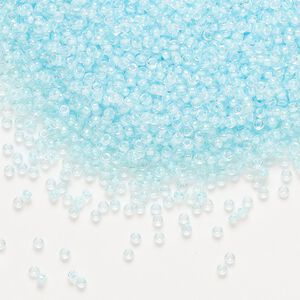 Seed bead, Miyuki, glass, pkg/35g, #15 rocaille, translucent aqua mist-lined luster crystal clear (RR-220).