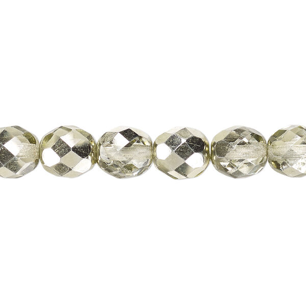 Bead, Czech fire-polished glass, clear with half-coat metallic mint, 8mm faceted round. Sold per 16-inch strand. image number 0
