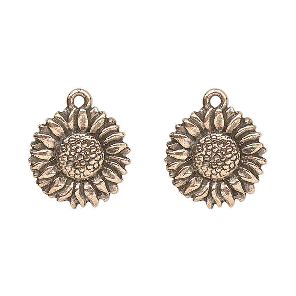 Charm, TierraCast®, antique copper-plated pewter (tin-based alloy), 15mm double-sided sunflower. Sold per pkg of 2. image number 0