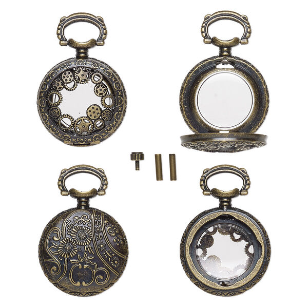 Watch body, acrylic and antique brass-finished "pewter" (zinc-based alloy), transparent clear, 41x27mm with 27mm round and gear with floral design. Sold per 5-piece set. image number 0