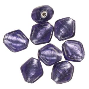 Bead, lampworked glass, opaque purple, 16x15mm-14x12mm puffed kite with silver-colored foil. Sold per pkg of 8.