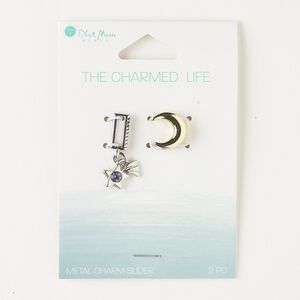 Slide mix, glass and silver- and gold-finished "pewter" (zinc-based alloy), purple, 26x8mm single-sided rectangle with star and 12x11mm single-sided moon, 10.5x2.5mm hole. Sold per pkg of 2.