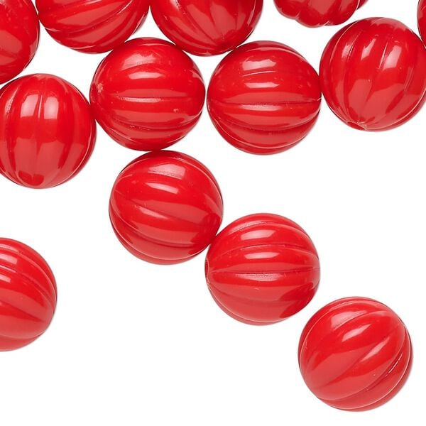 Bead, acrylic, red, 12mm corrugated round. Sold per 3-ounce pkg, approximately 95 beads. image number 0