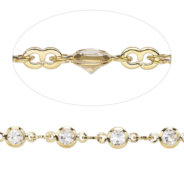 Chain, glass and gold-finished brass, clear, 3mm figure 8 and 5mm round. Sold per pkg of 1 meter. image number 0