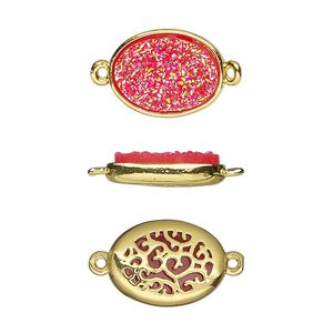 Link, Druzylite™, "druzy" (resin) and gold-finished brass, hot pink, 15.5x11.5mm two-sided oval with open filigree back. Sold per pkg of 4.