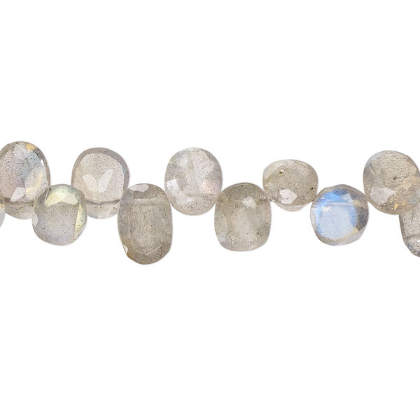 Bead, labradorite (natural), 7x5mm-10x6mm hand-cut top-drilled faceted puffed oval with flat side, B grade, Mohs hardness 6 to 6-1/2. Sold per 14-inch strand, approximately 85 beads. image number 0