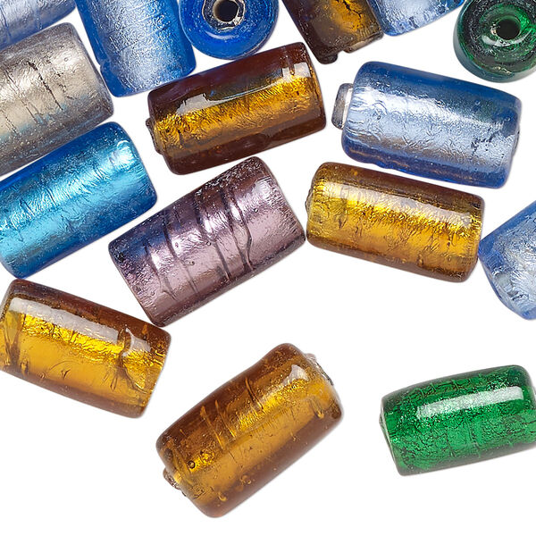 Bead mix, lampworked glass, opaque and translucent silver-lined mixed colors, 16x9mm round tube. Sold per pkg of 40 beads. image number 0