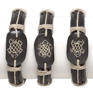 Bracelet, wood / bone / leather (dyed), black and tan, 30x20mm carved oval with turtle design, adjustable from 5-1/2 to 7-1/2 inches with knot closure. Sold per pkg of 3.