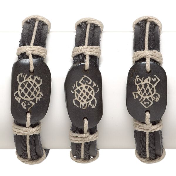 Bracelet, wood / bone / leather (dyed), black and tan, 30x20mm carved oval with turtle design, adjustable from 5-1/2 to 7-1/2 inches with knot closure. Sold per pkg of 3. image number 0
