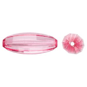 Bead, acrylic, pink, 33x12mm faceted long oval. Sold per 100-gram pkg, approximately 30 beads.